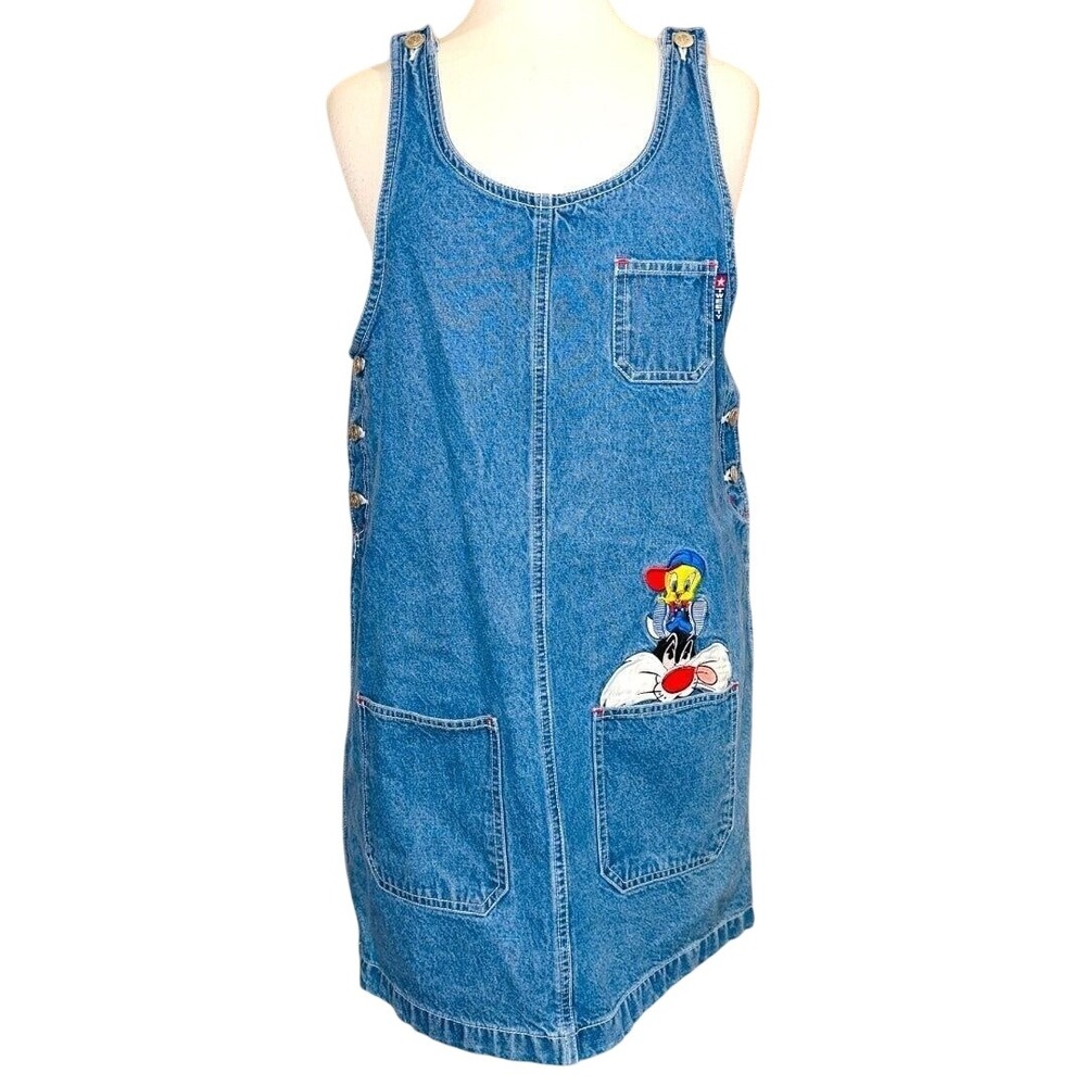 Vintage 1998 Looney Tunes Tweety Sylvester Denim Jumper Dress Medium Blue C1